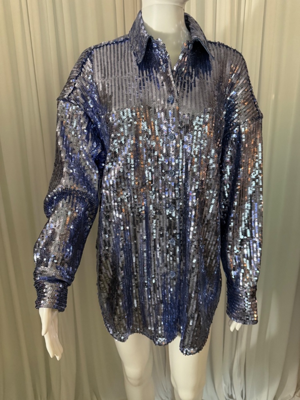 Curations x Debbie Denmon Sequin Button Front Shirt Large NWOT Oversized Glam - Picture 2 of 16